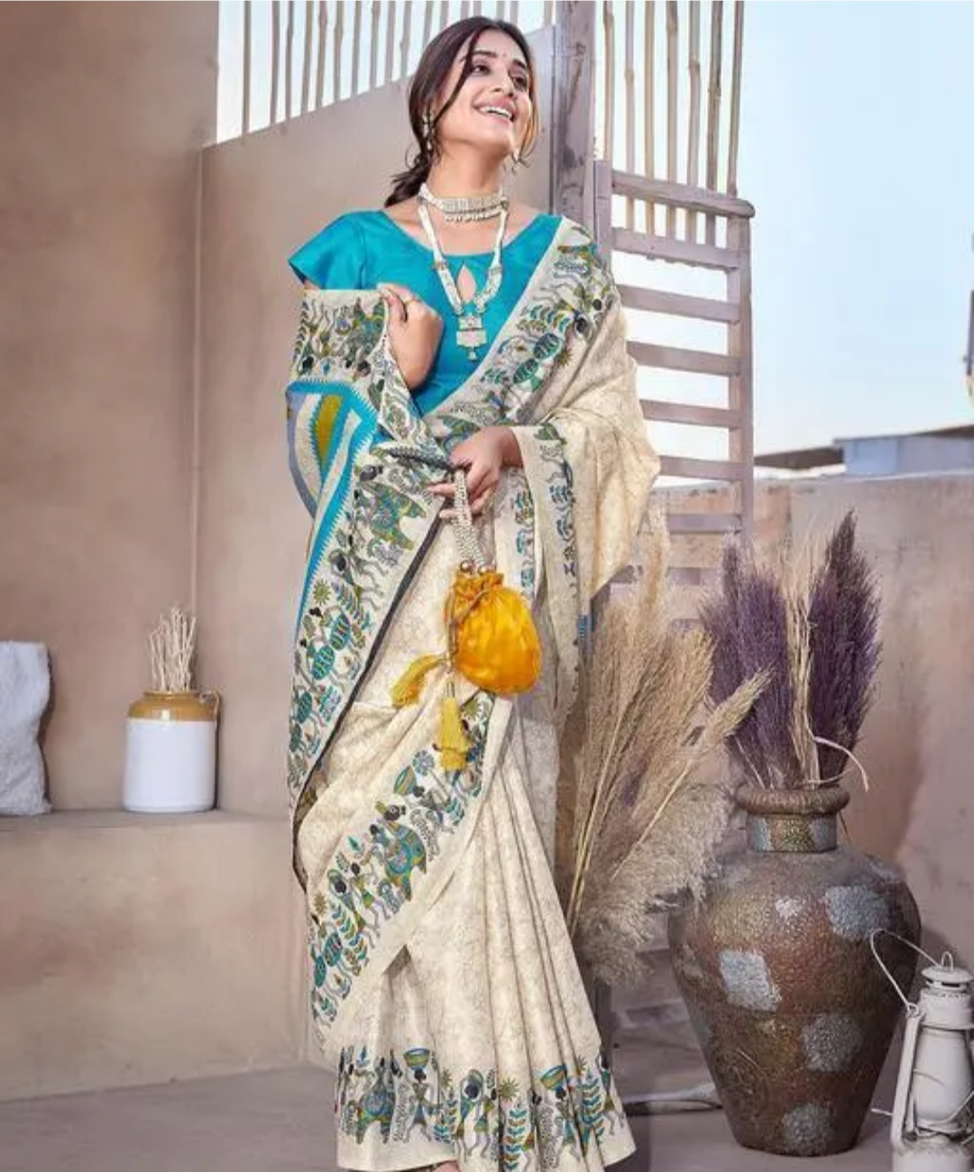 Tarsh Enterprises Women's Printed Trendy Art Silk Saree with Blouse Material (White) (Blue)